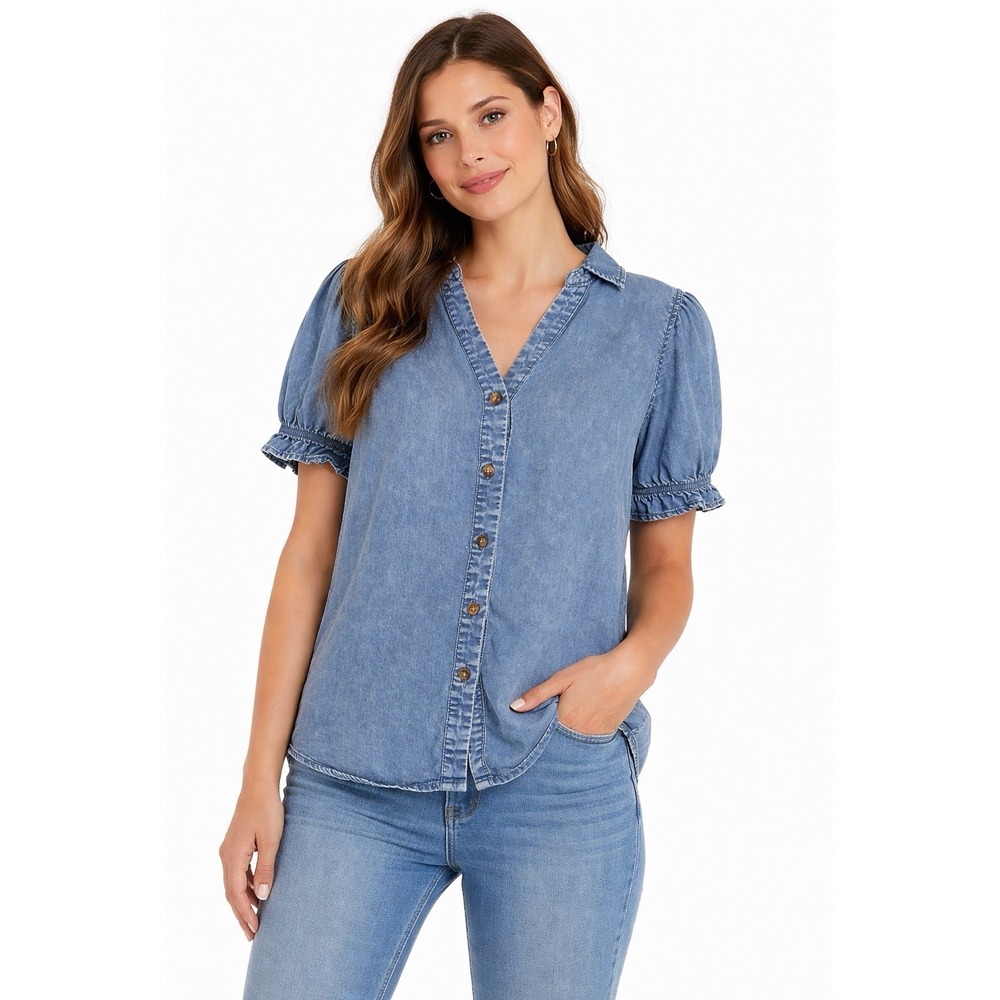 Jane Delancey Women's Blouse S Chambray Lyocell Puff Sleeve Button Front